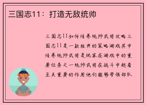 三国志11：打造无敌统帅